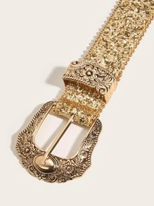 1入組女士重型西部風格牛仔女孩水鑽扣飾Y2K風格腰皮帶,適用於日常派對蒐集 - 金色 - 查看 4