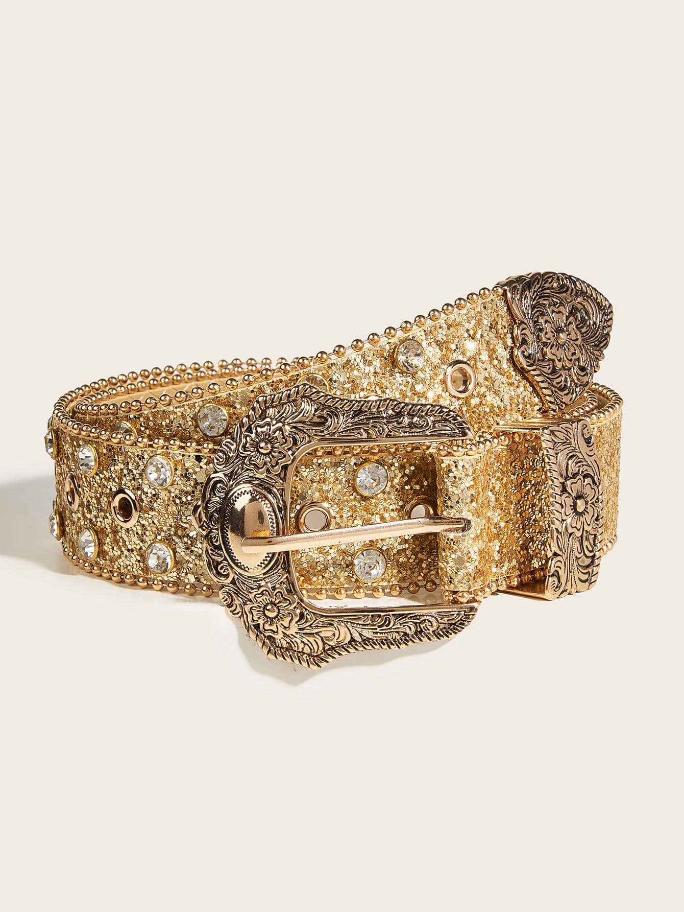 1入組女士重型西部風格牛仔女孩水鑽扣飾Y2K風格腰皮帶,適用於日常派對蒐集 - 金色 - 查看 1