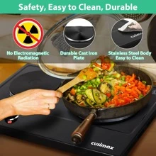 Cusimax 1800W Countertop Double Cast Iron Burner,7.4 In. And 6.1 In. Hot Plate With Temperature Controls & Indicator Lights,Portable 2 Burner Electric Cooktop Kitchenette,Great For Home Use,Easy To Clean - 黑色 - 查看 3