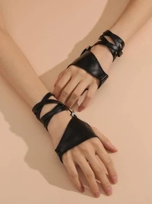 Street 1 双装女士性感PU皮半指手套，适合舞台表演、万圣节和夏季穿着。 - 黑色 - 查看 1