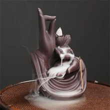 1pc Polymer Clay Incense Burner, Retro Hand & Lotus Design Incense Holder, Home Decor - Brown - View 2