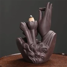 1pc Polymer Clay Incense Burner, Retro Hand & Lotus Design Incense Holder, Home Decor - Brown - View 6