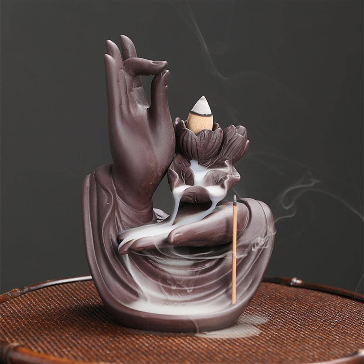 1pc Polymer Clay Incense Burner, Retro Hand & Lotus Design Incense Holder, Home Decor - Brown - View 1
