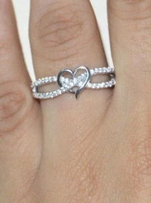 1pc Elegant Heart Shaped Rhinestone Decorated Ring, Suitable For Women's Daily, Party, Celebration Events, Gift Valentines,Mom,Mother,Mother's Day,Gift - Silver - View 3