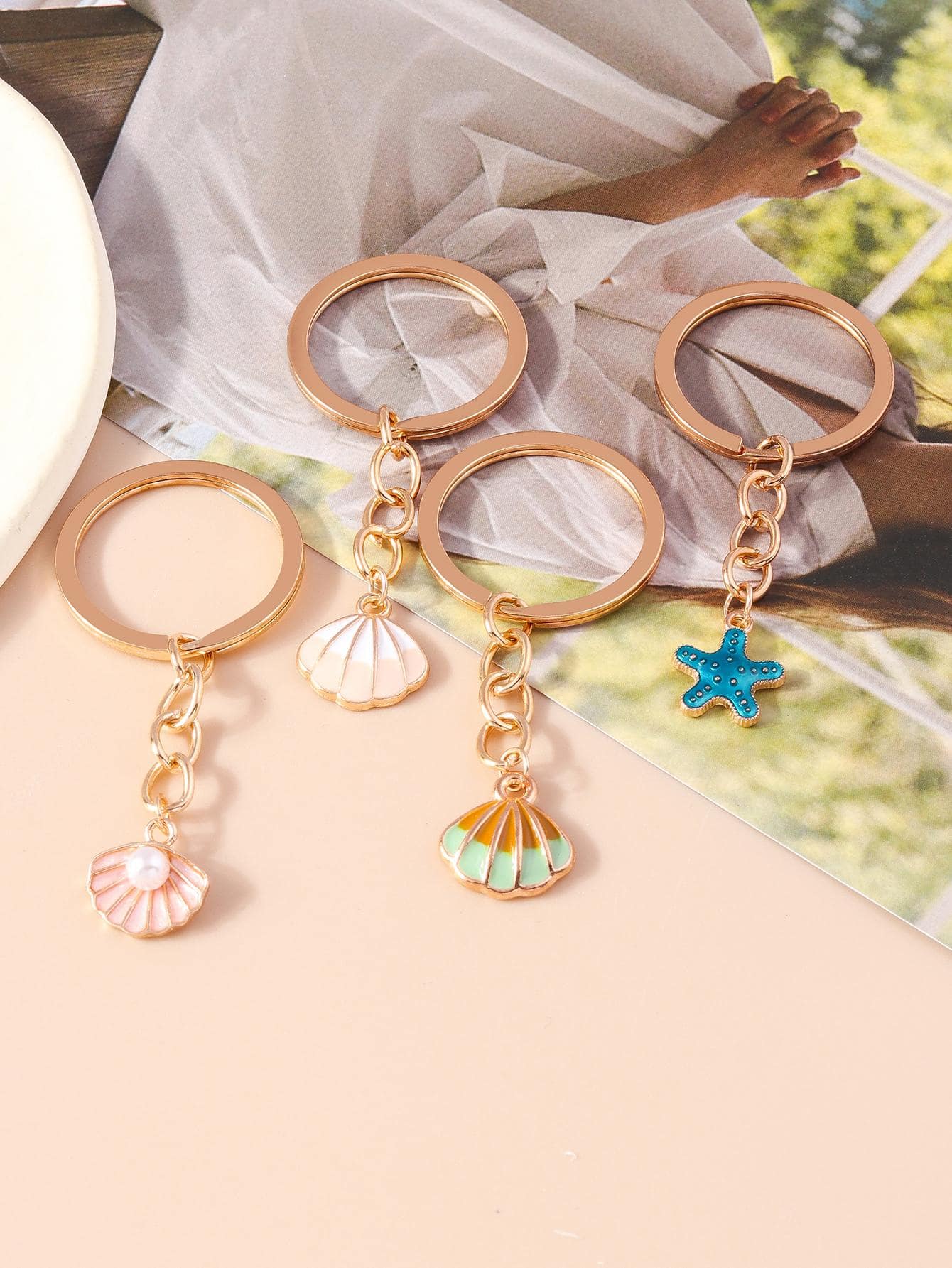 4入組女性貝殼和海星吊墜時尚鑰匙圈適用於禮品 - 彩色 - 查看 1