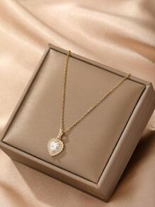 方晶鋯石心形墜飾項鍊 - 金黃色 - 查看 1