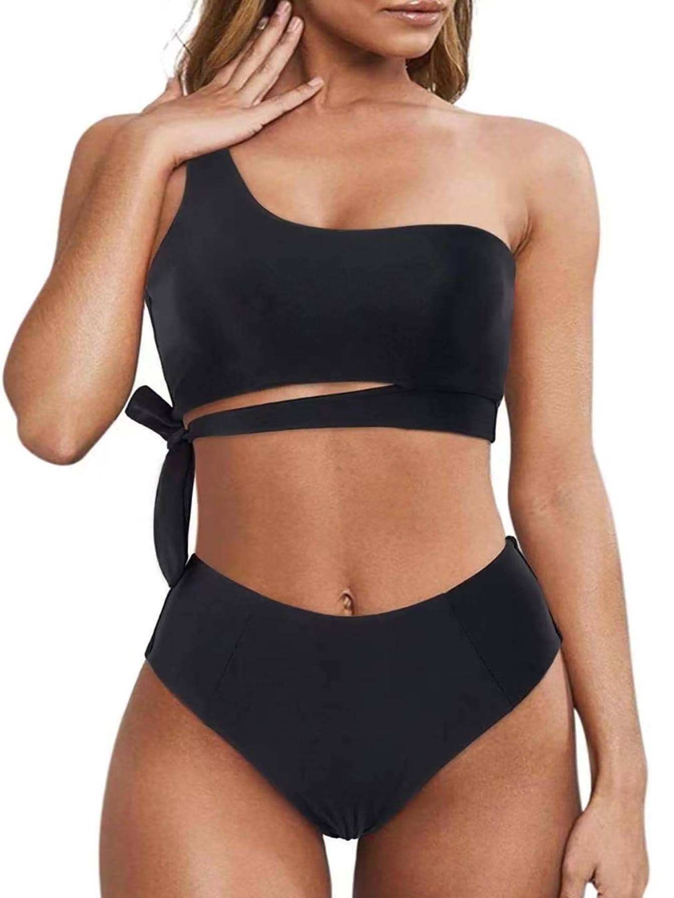 Bañador bikini unicolor de un hombro - Negro - Ver 1