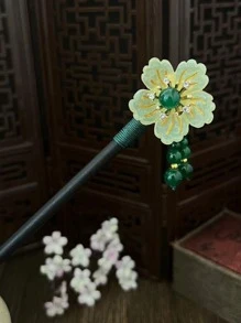 花朵裝飾木頭髮夾 - 綠色 - 查看 2