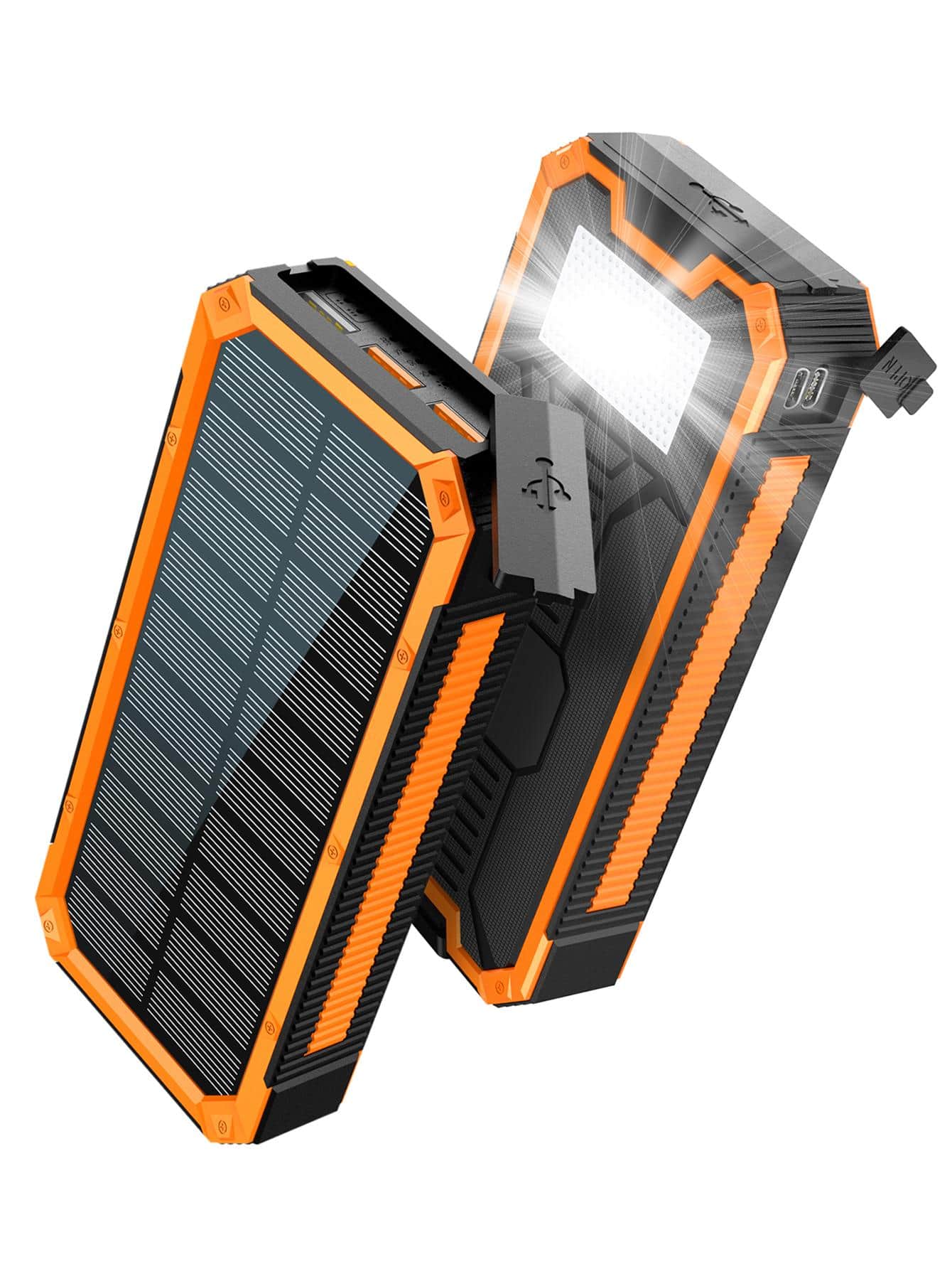 Solar Power Bank, Portable Charger 30000mAh PD 18W QC3.0 Fast Charging with USB Type C 4 Outputs Dual Inputs, Battery Pack with IP55 Waterproof Bright Flashlight for iPhone Android Cell Phones - Orange - View 1