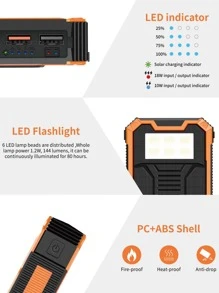Solar Power Bank, Portable Charger 30000mAh PD 18W QC3.0 Fast Charging with USB Type C 4 Outputs Dual Inputs, Battery Pack with IP55 Waterproof Bright Flashlight for iPhone Android Cell Phones - Orange - View 9