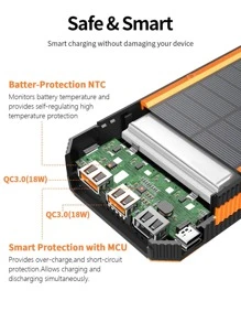 Solar Power Bank, Portable Charger 30000mAh PD 18W QC3.0 Fast Charging with USB Type C 4 Outputs Dual Inputs, Battery Pack with IP55 Waterproof Bright Flashlight for iPhone Android Cell Phones - Orange - View 5