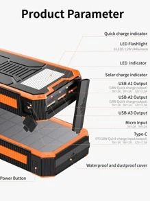 Solar Power Bank, Portable Charger 30000mAh PD 18W QC3.0 Fast Charging with USB Type C 4 Outputs Dual Inputs, Battery Pack with IP55 Waterproof Bright Flashlight for iPhone Android Cell Phones - Orange - View 8