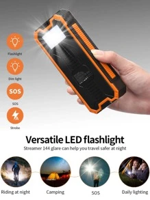 Solar Power Bank, Portable Charger 30000mAh PD 18W QC3.0 Fast Charging with USB Type C 4 Outputs Dual Inputs, Battery Pack with IP55 Waterproof Bright Flashlight for iPhone Android Cell Phones - Orange - View 7
