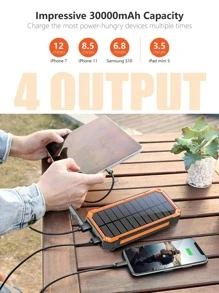 Solar Power Bank, Portable Charger 30000mAh PD 18W QC3.0 Fast Charging with USB Type C 4 Outputs Dual Inputs, Battery Pack with IP55 Waterproof Bright Flashlight for iPhone Android Cell Phones - Orange - View 6