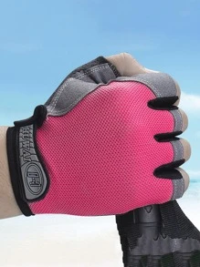 1雙女性撞色字母貼飾透氣休閒露指手套適用於日常生活 - 粉色 - 查看 2