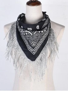 1pc Black Rhinestone Style Fringed Bandana, Multifunctional Headwear For Hip Hop Dance, Wedding, Party - Black - View 2