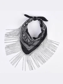 1pc Black Rhinestone Style Fringed Bandana, Multifunctional Headwear For Hip Hop Dance, Wedding, Party - Black - View 4