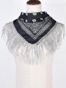 1pc Black Rhinestone Style Fringed Bandana, Multifunctional Headwear For Hip Hop Dance, Wedding, Party - Black - View 1
