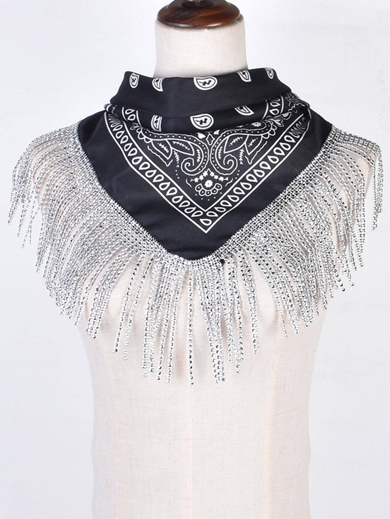1pc Black Rhinestone Style Fringed Bandana, Multifunctional Headwear For Hip Hop Dance, Wedding, Party - Black - View 1