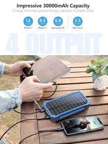 Solar Power Bank, Portable Charger 30000mAh PD 18W QC3.0 Fast Charging with USB Type C 4 Outputs Dual Inputs, Battery Pack with IP55 Waterproof Bright Flashlight for iPhone Android Cell Phones - 藍色 - 查看 5