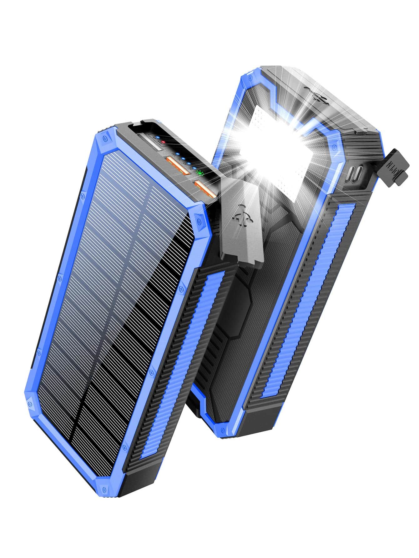 Solar Power Bank, Portable Charger 30000mAh PD 18W QC3.0 Fast Charging with USB Type C 4 Outputs Dual Inputs, Battery Pack with IP55 Waterproof Bright Flashlight for iPhone Android Cell Phones - 藍色 - 查看 1