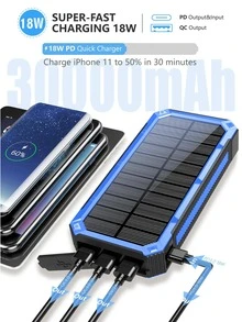 Solar Power Bank, Portable Charger 30000mAh PD 18W QC3.0 Fast Charging with USB Type C 4 Outputs Dual Inputs, Battery Pack with IP55 Waterproof Bright Flashlight for iPhone Android Cell Phones - 藍色 - 查看 3