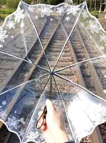 1把可折叠手动白色雨伞，便携式透明花卉图案阳伞，适合户外旅行
