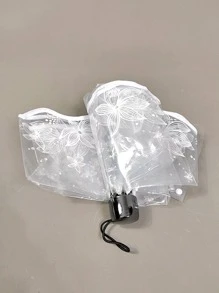 1把可折叠手动白色雨伞，便携式透明花卉图案阳伞，适合户外旅行
