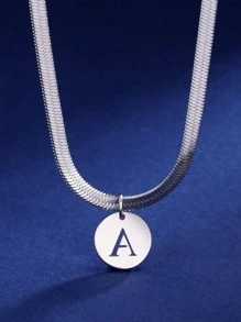 1入女士不鏽鋼個性化a-z字母圓形吊墜項鍊搭配蛇骨鏈,母親節禮物 - 銀色 - 查看 3