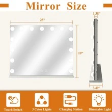 23"X19" Large Vanity Mirror For Makeup Lighted Makeup Mirror With Smart Touch Control,USB Port,15 Dimmable Bulbs,5X Magnification,3 Color Lighting Modes - Clear - View 4