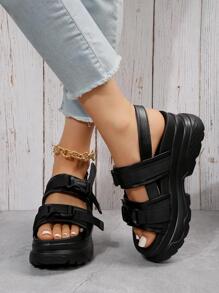 Open Toe, Thick Bottom, Platform Sandals With Ankle Strap Buckle, Women's Shoes - Black - View 1