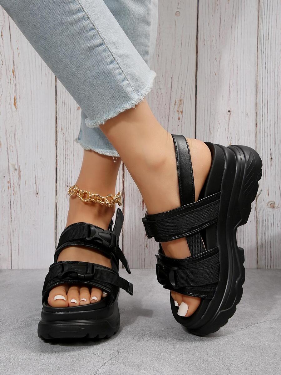 Open Toe, Thick Bottom, Platform Sandals With Ankle Strap Buckle, Women's Shoes - Black - View 1