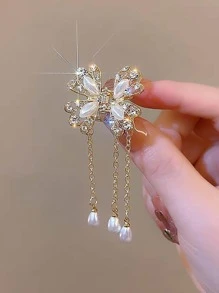 Pinza de pelo con decoración de perlas falsas y rhinestones elegante, accesorios para el cabello, pinzas de pelo, pinza de pelo, clip de pelo para vacaciones de verano y playa para mujer - Dorado - Ver 3