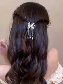 Pinza de pelo con decoración de perlas falsas y rhinestones elegante, accesorios para el cabello, pinzas de pelo, pinza de pelo, clip de pelo para vacaciones de verano y playa para mujer - Dorado - Ver 4