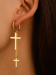 Aomogo Boucles d'oreilles en acier inoxydable à la mode style punk hip hop gothique unisexe avec deux pendentifs en chaîne croisée couleur or pour femmes, cadeaux bijoux