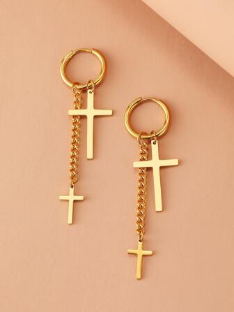 Aomogo Stainless Steel Earrings Fashion Punk Hip Hop Gothic Unisex Two Cross Chain Pendants Gold Color Earrings For Women Jewelry Gifts