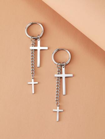 Aomogo Stainless Steel Earrings Fashion Punk Hip Hop Gothic Unisex Two Cross Chain Pendants Gold Color Earrings For Women Jewelry Gifts