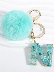 Móc khóa pom pom & chữ cái - Màu xanh Bạc hà - Xem 3