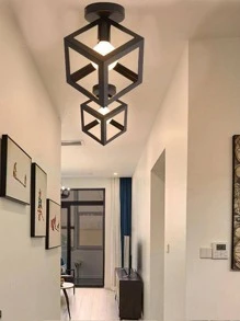 1pc Geometric Design Ceiling Lamp, Simple Black Iron Hollow Out Design Ceiling Lamp For Home,Home Decor ,Room Decor,Wall Decor - Black - View 1