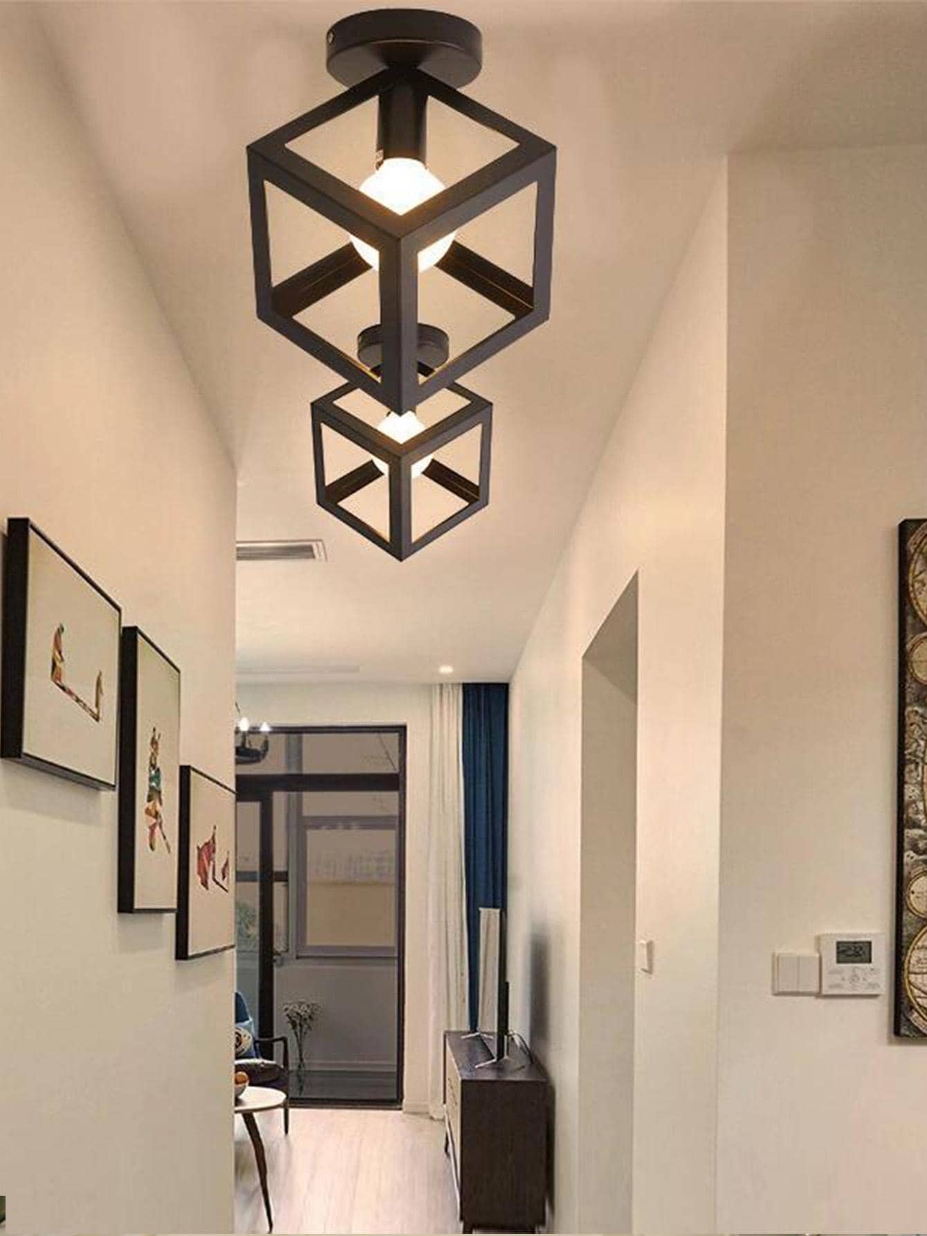 1pc Geometric Design Ceiling Lamp, Simple Black Iron Hollow Out Design Ceiling Lamp For Home,Home Decor ,Room Decor,Wall Decor - Black - View 1