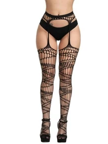 Hollow Out Fishnet Garter Tights - Black - View 2