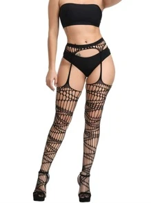 Hollow Out Fishnet Garter Tights - Black - View 4