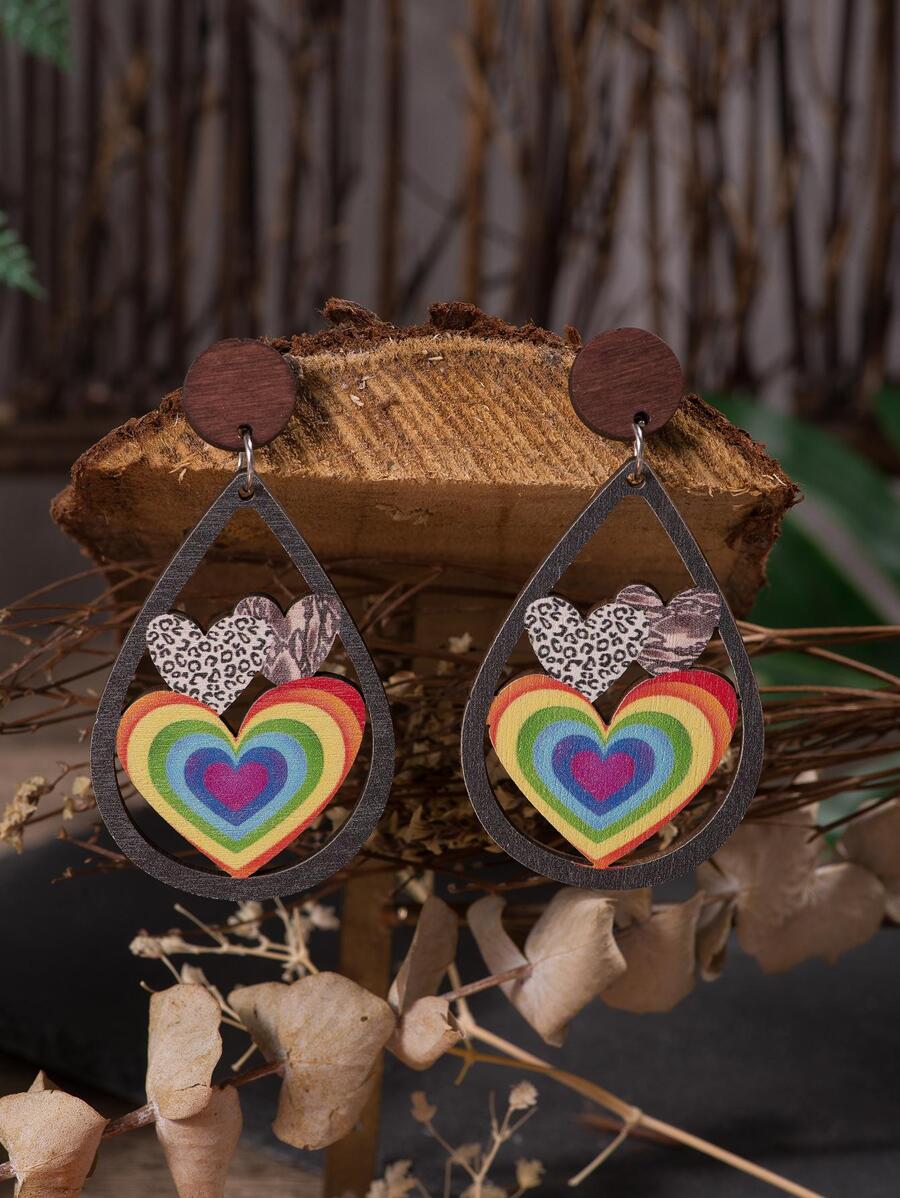 彩虹條紋愛心裝飾水滴形耳墜 - 彩色 - 查看 1