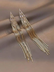 Rhinestone Decor Metal Tassel Drop Earrings