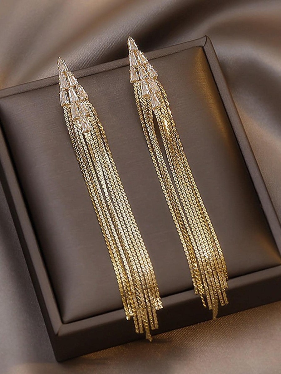 Rhinestone Decor Metal Tassel Drop Earrings