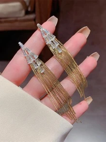 Rhinestone Decor Metal Tassel Drop Earrings