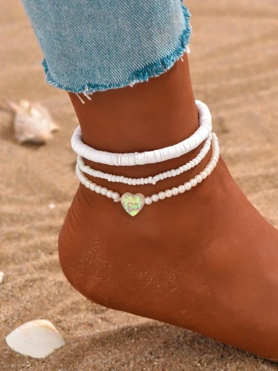 3pcs/Set Fashionable Soft Ceramic Rice Beads Faux Pearl & Heart Charm Anklet Set(Random Color), Suitable For Women's Daily Wear Valentines