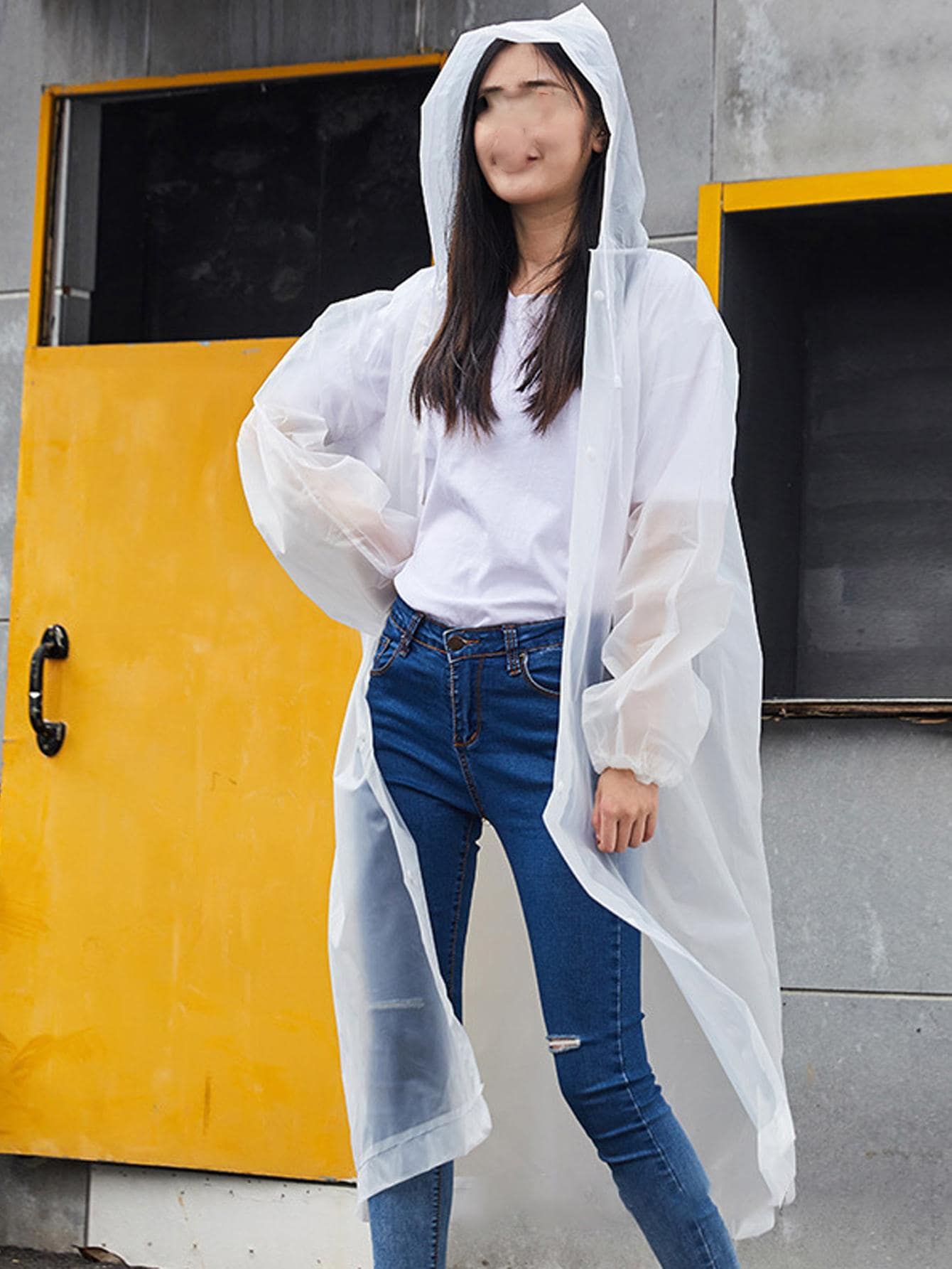 1pc Solid Hooded Raincoat - White - View 1