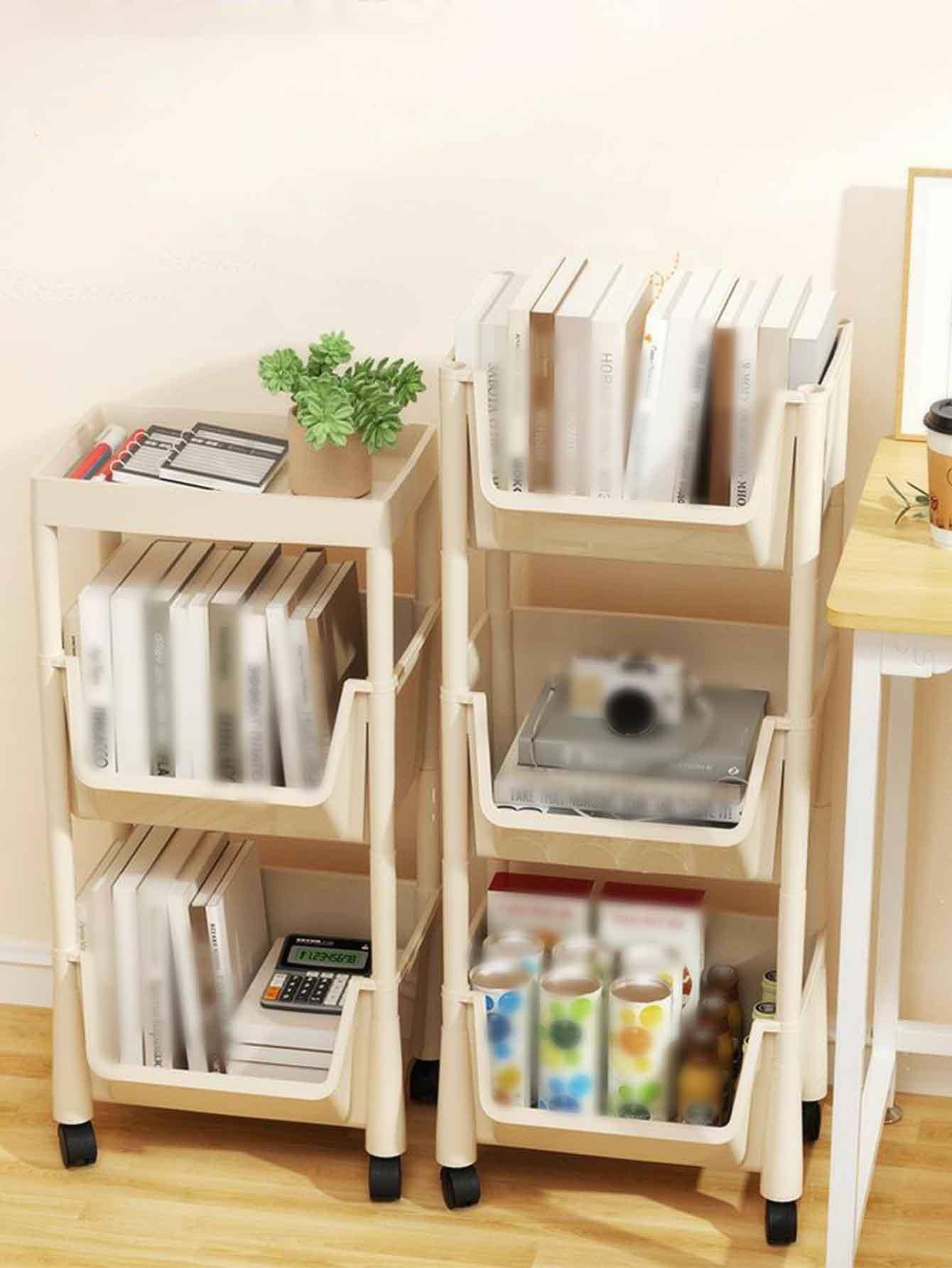 1pc Movable 3Tier Plastic Storage Rack With Wheels, Home Use Bookshelf