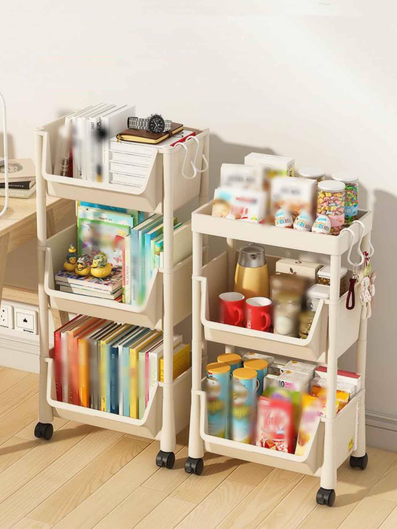 1pc Movable 3Tier Plastic Storage Rack With Wheels, Home Use Bookshelf